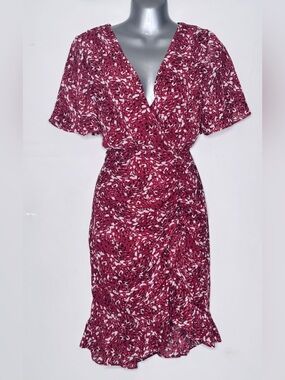 BCBGeneration Wrap Dress Pink Abstract Print Ruched Ruffle Mini Size S